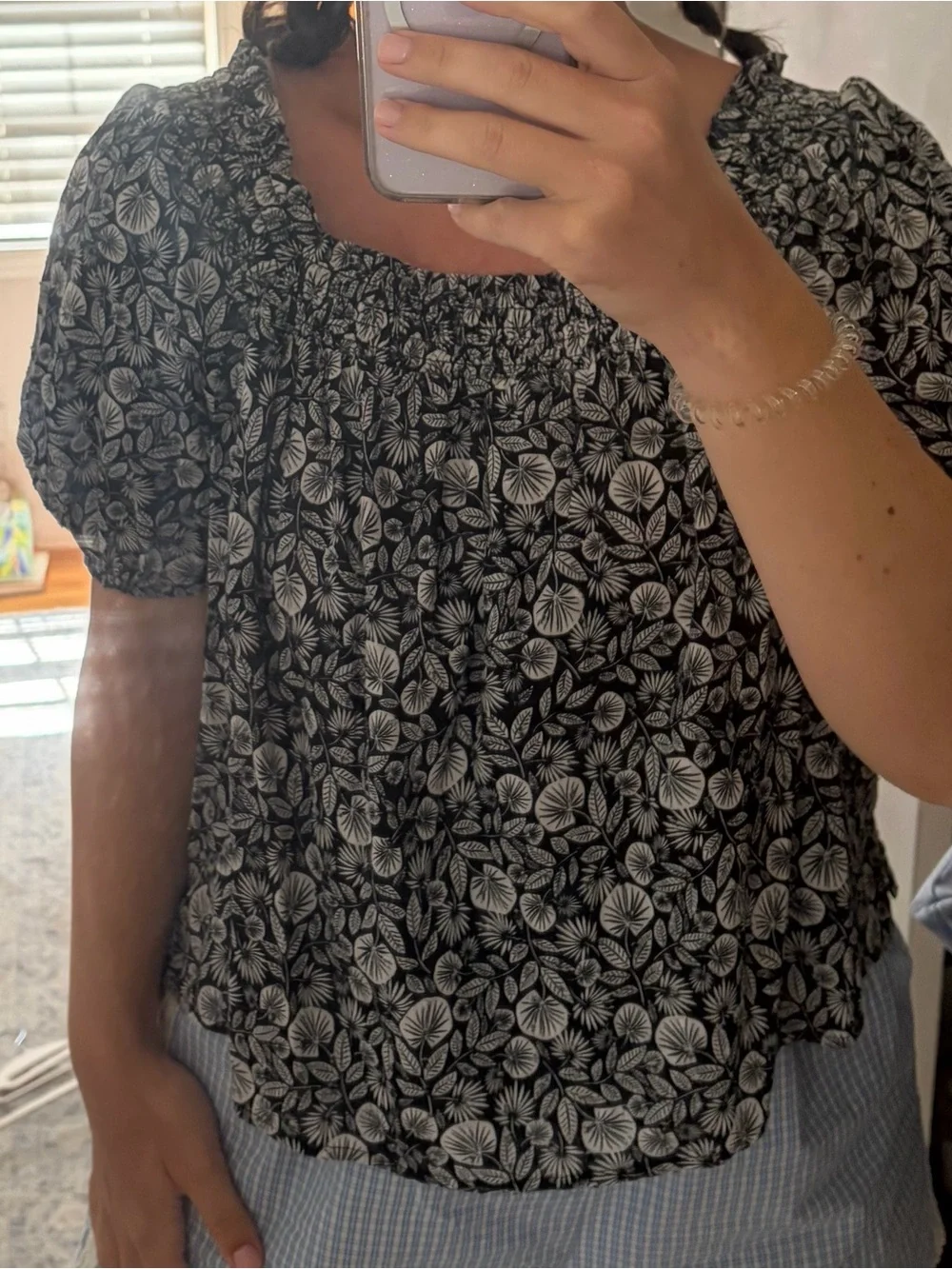 LOFT Black & White Floral Smocked Puff Sleeve  Top